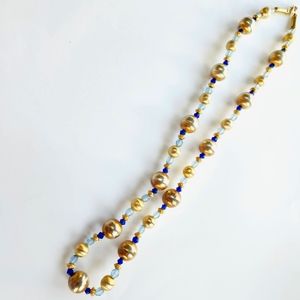 Beaded String Necklace with Gold-and Blue-colored Beads